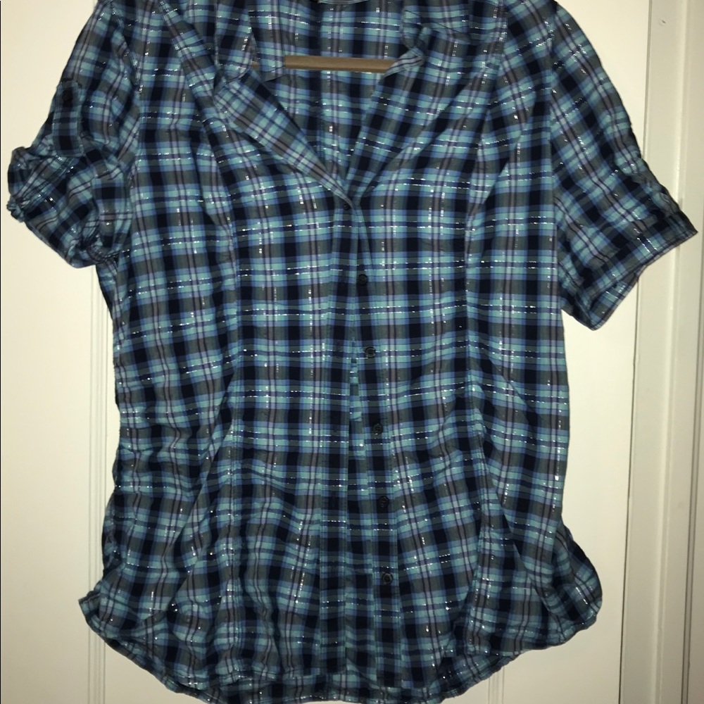 Express Button Down, Collared, Blue Checkered Top